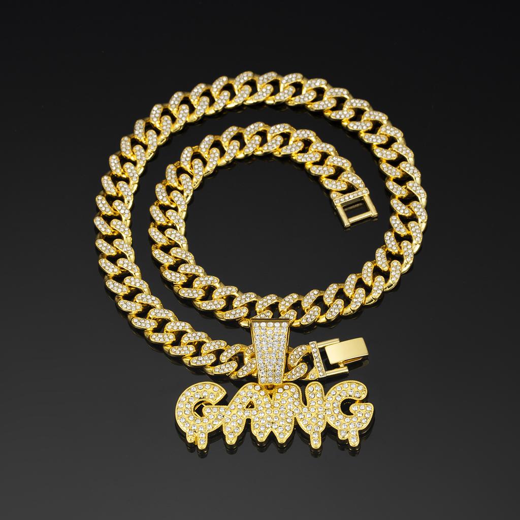 Herren Iced Out Blasenbuchstaben GANG Anhänger Zinklegierung Kristall & Strass Cuban Chain Trendiger Party Streetwear Schmuck