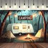 2D Summer Camp Backdrop, Retro RV Camper & String Lights Party Banner