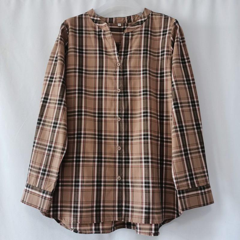 Export Daily Order Tail Goods V Neck Long Sleeves Gingham Shirt Women's Loose Leisure All-Matching Autumn New Literary Style