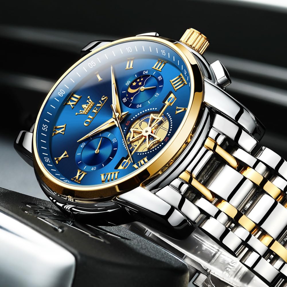 OLEVS Men's Stylish Chronograph Watch, Popular Brand for Business, Large, Easy-to-Read Analog, Waterproof Quartz Movement, Blue
