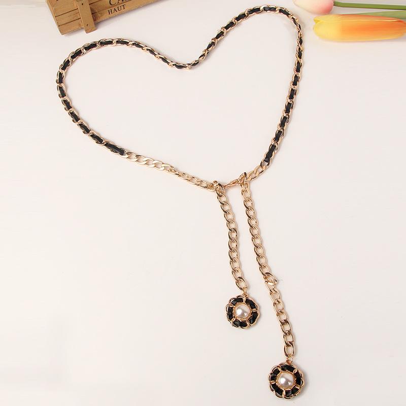 Sanyicai Women'S Waist Chain Metal Wear Leather Belt Dress Small Fragrant Wind Hanging Pearl Pendant Aluminum Chain With Jeans