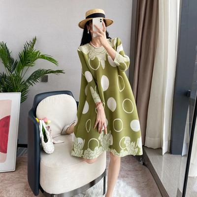 Rochie de damă de toamnă-primăvară plus size, rochie largă în A, rochie midi plisată cu imprimeu cerc