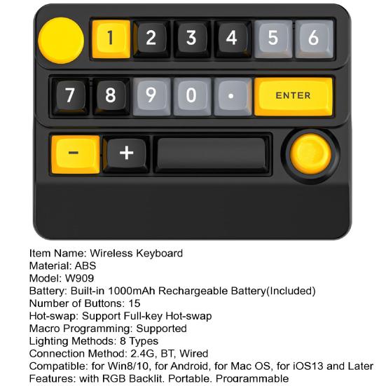 3 Modes Mini Wireless Keyboard with RGB Backlit Macro Programmable 15 Key Hot-swap DIY One Handed Gaming Mechanical Keypad PC Accessories