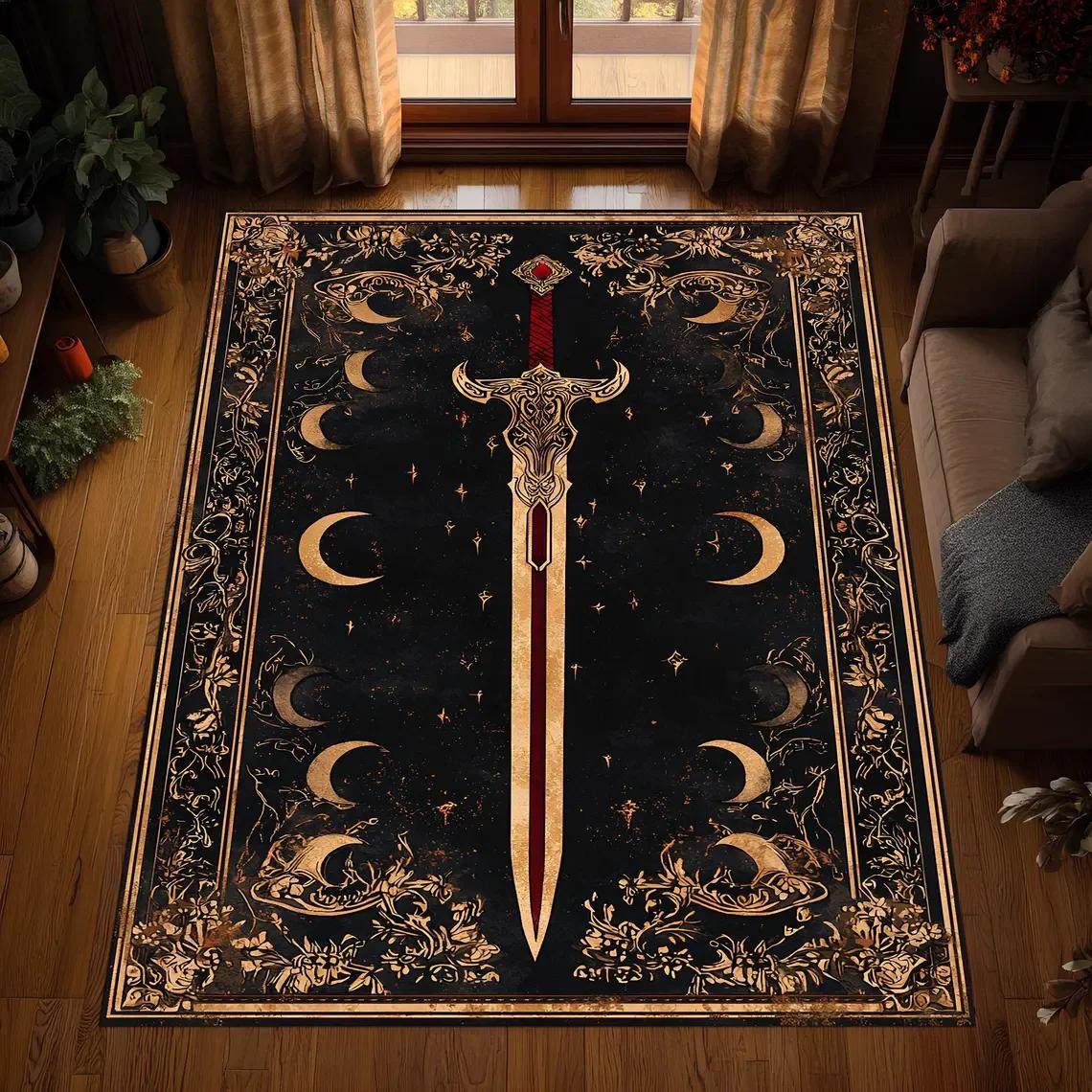 Tappeto Sword Moon, tappeto gotico oro nero, arte del pavimento occulto mistico, tappeto lavabile in stile barocco, tappeto decorativo antiscivolo 40cm x 60cm