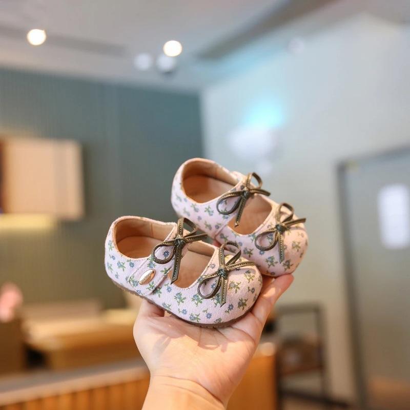 Kids Floral Print Bow Decor Hook Loop Mary Jane Flat Shoes 15