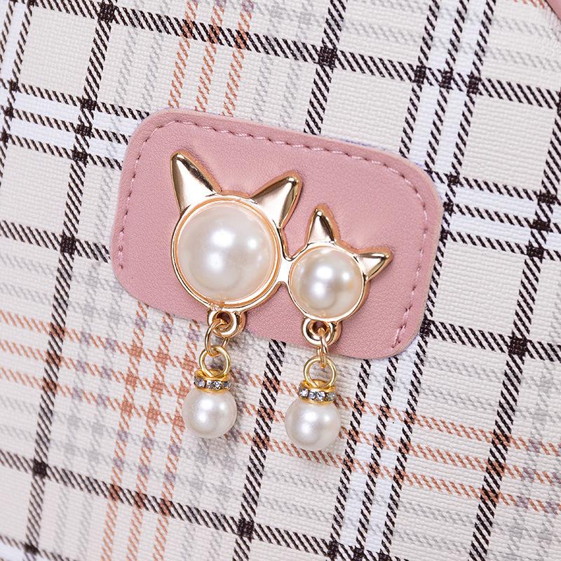 Ladies Scottish Plaid Small Backpack Autumn and Winter New Cat Pearl Mobile Phone Small Bag