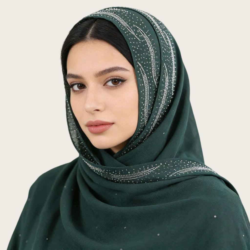 Women Chiffon Long Scarf Rhinestone Decor Solid Color Ethnic Style Pearl Chiffon Shawl Headscarf Versatile Hijab