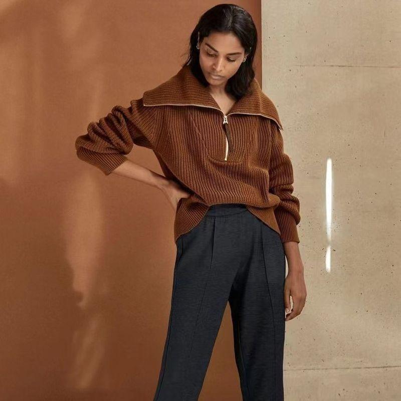 

Модный стиль Однотонный На молнии Широкий воротник Модный Повседневный Топ Свитер на все случаи жизни Свитер на молнии с широким вырезом Brown L