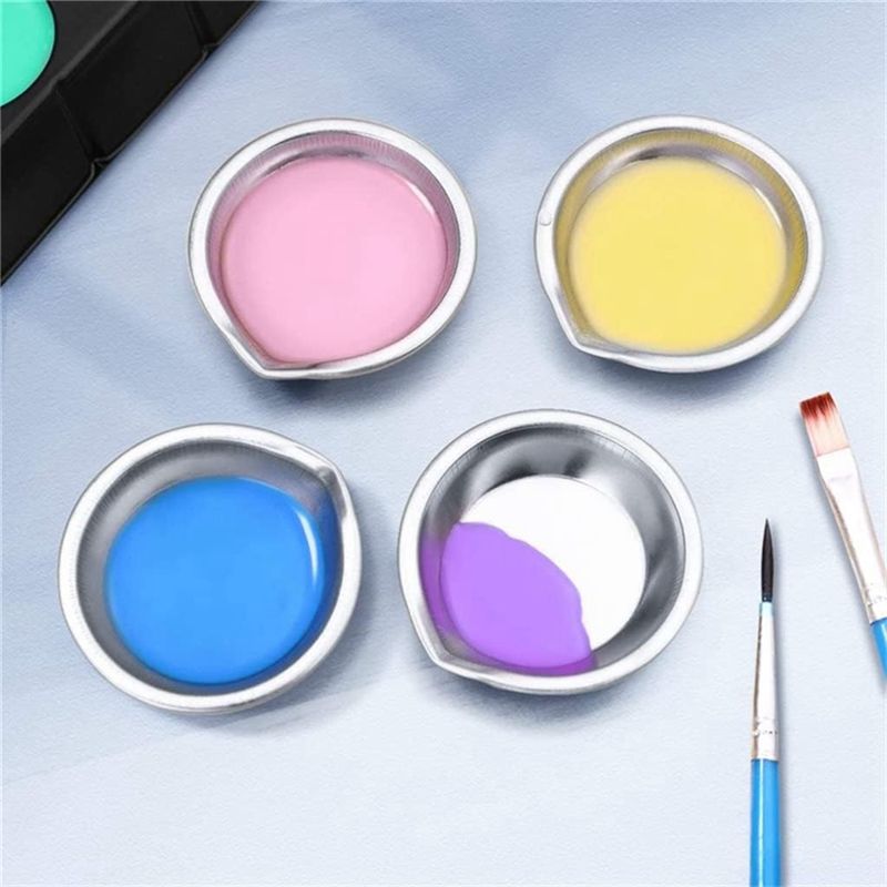 M-Modern-12Pcs Makeup Palette Stainless Steel Small Round Paint Tray Artist Watercolours Mixing Palette