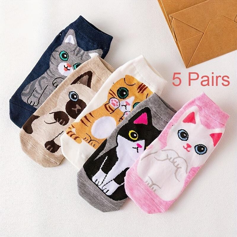 

5 pairs of soft and cute girl Instagram style multi expression cat pattern comfortable and versatile short socks