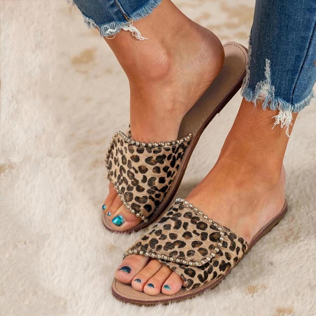 Women's Ladies Fashion Casual Flat Leopard Shoes Slippers Peep Toe Sandals