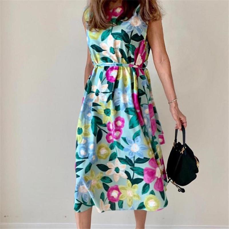 Vestido holgado con estampado floral para mujer, cuello redondo, sin mangas, elegante, hasta media pantorrilla, talla grande, informal, largo, nuevo, de moda, femenino