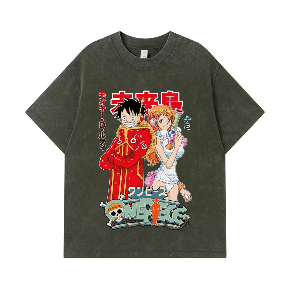 275 GSM Washed T-shirts 100 Cotton One Piece V71 Luffy Nami Egghead Print Unisex Heavy Cotton T Shirt S армия зеленый 2190₽