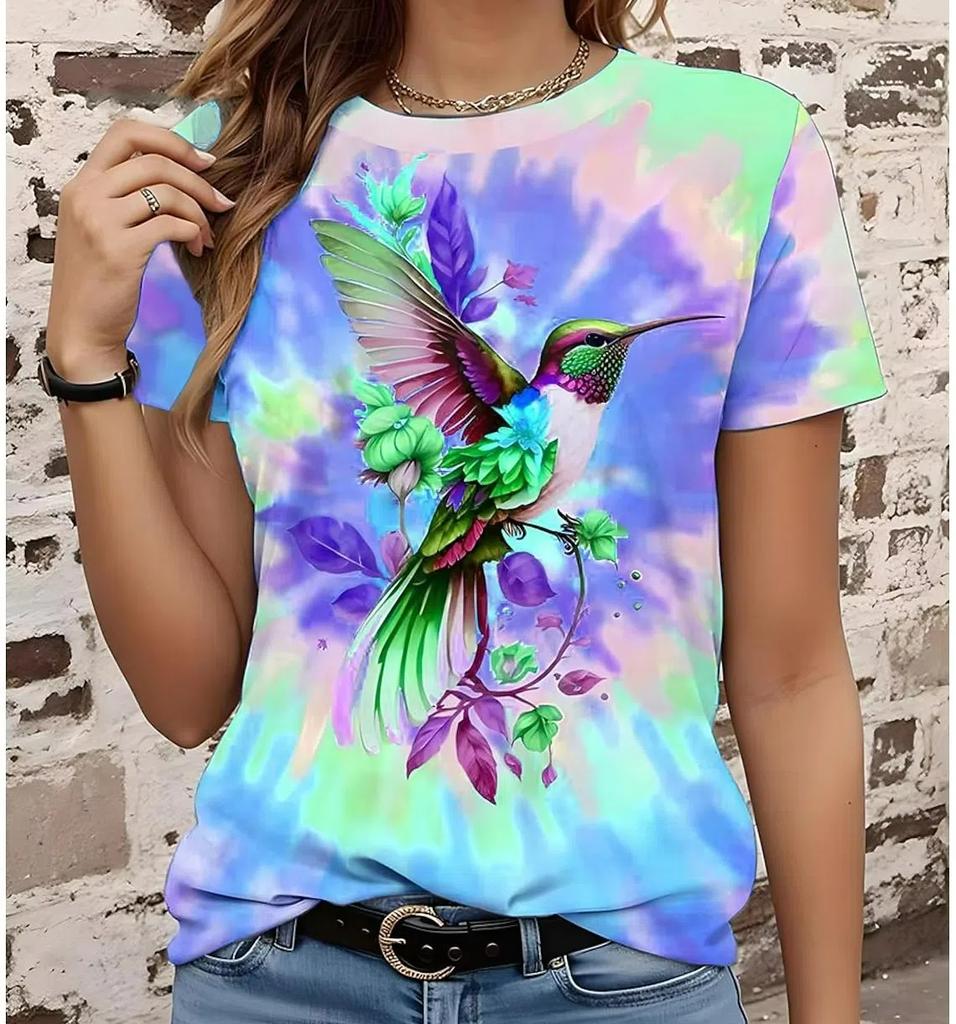 Plus Size Letnia Moda Damska Koszulka Piękne Kwiaty Stylowy Nadruk Swobodny Okrągły Dekolt Krótki Rękaw Topy Koszulki Odzież