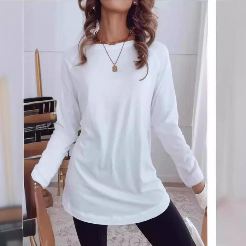 Versatile Long-Sleeve Solid Color Crew Neck Casual Top for Women
