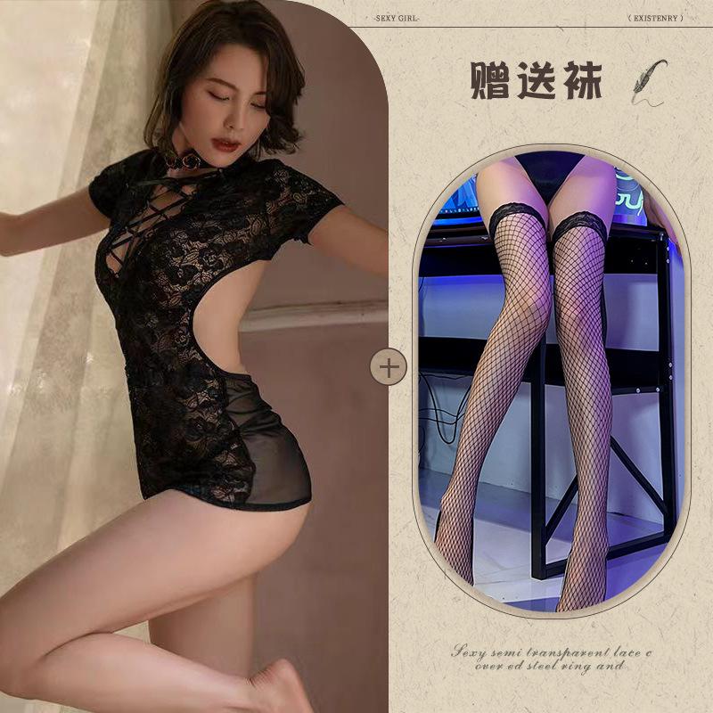 New sexy underwear women's lace temptation cheongsam sexy milk strap hollow short