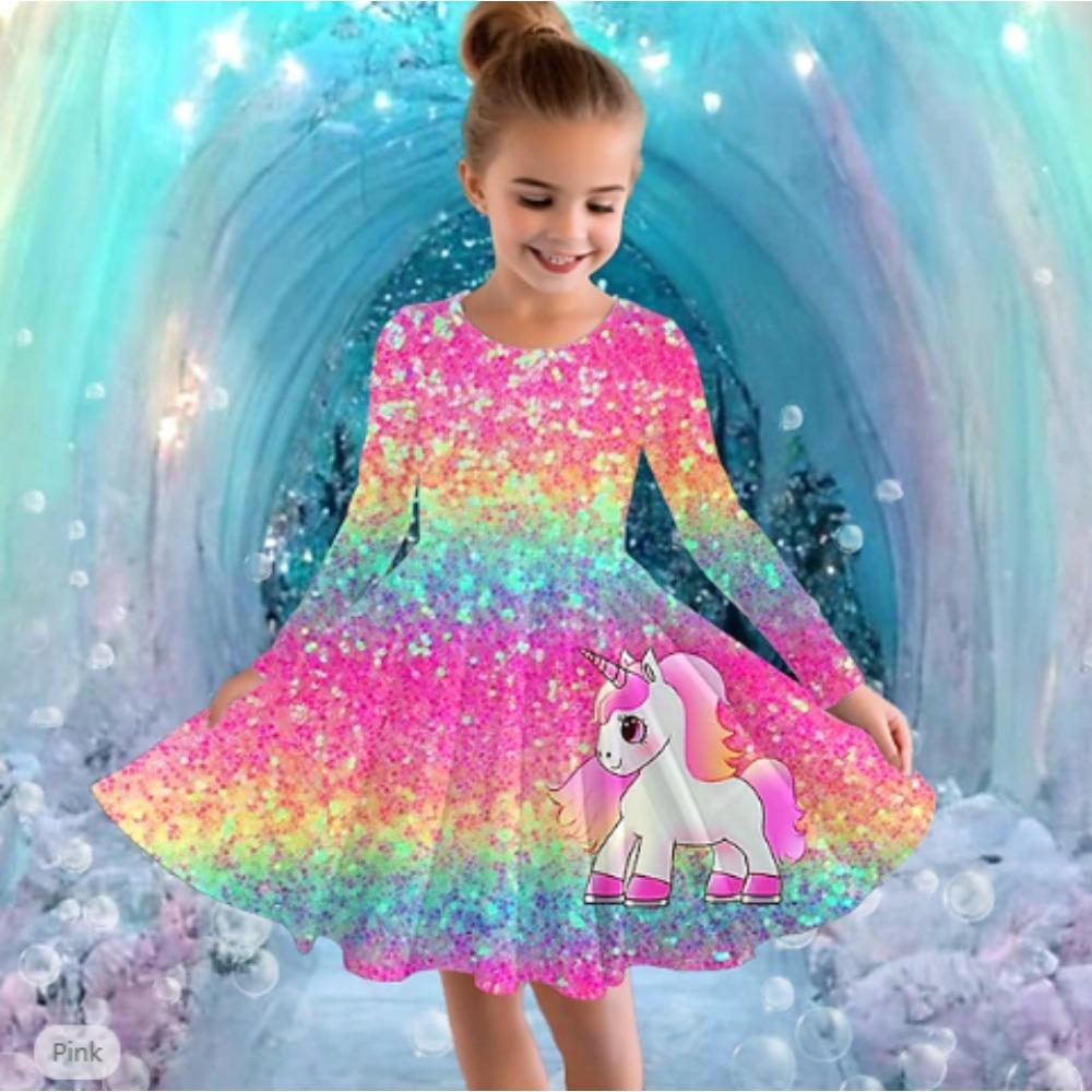 Mädchen Freizeitkleid mit 3D-Einhorn-Print, Rundhalsausschnitt, lange Ärmel, Kinder Prinzessinenkleid