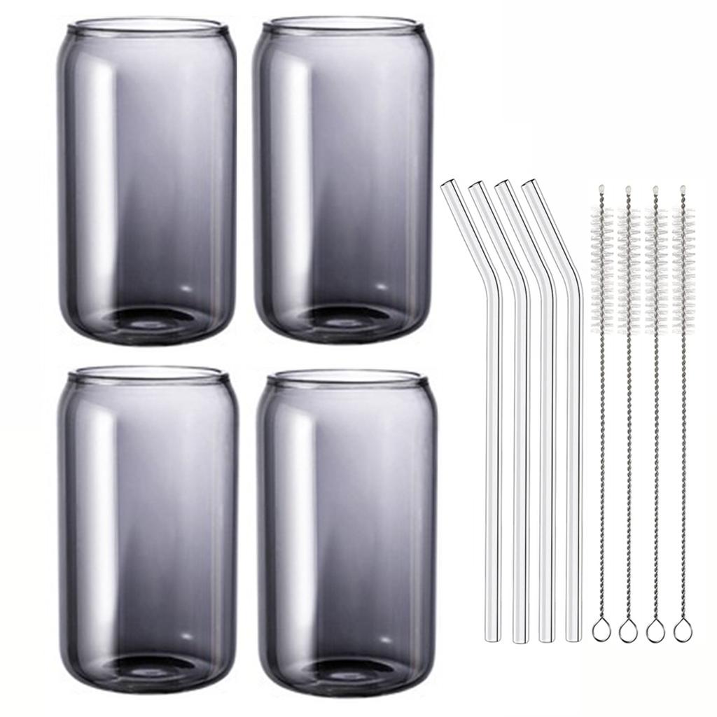 Trinkgläser mit Glasstrohhalm 4er-Set Dosenförmige Biergläser Tasse Eiskaffee-Gläser für Whiskey Soda Tee Cocktail Trinkgeschirr