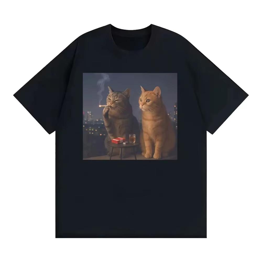 Funny T-shirt with smoker cat print funny t-shirt with cat and cigarette print S