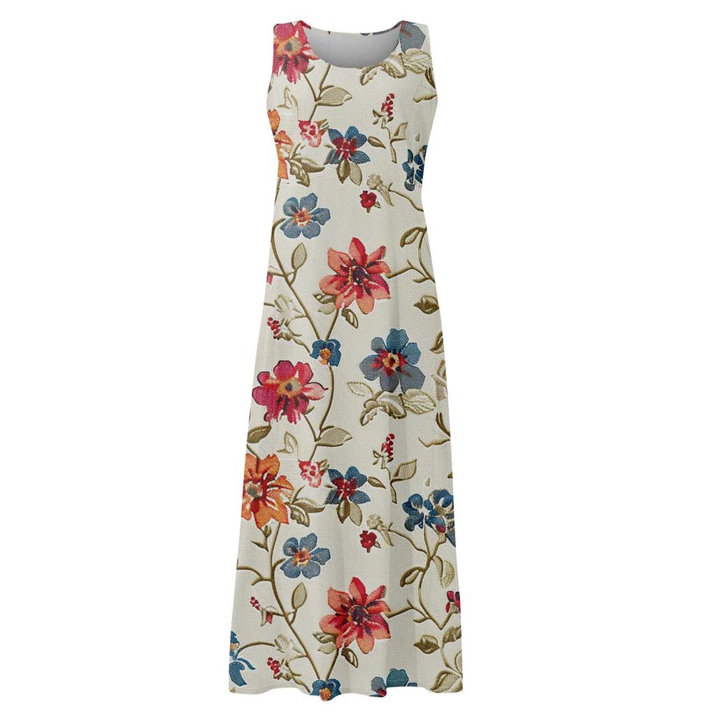 Lässiges, bequemes, ärmelloses Baumwolltaschenkleid mit Blumendruck für Damen