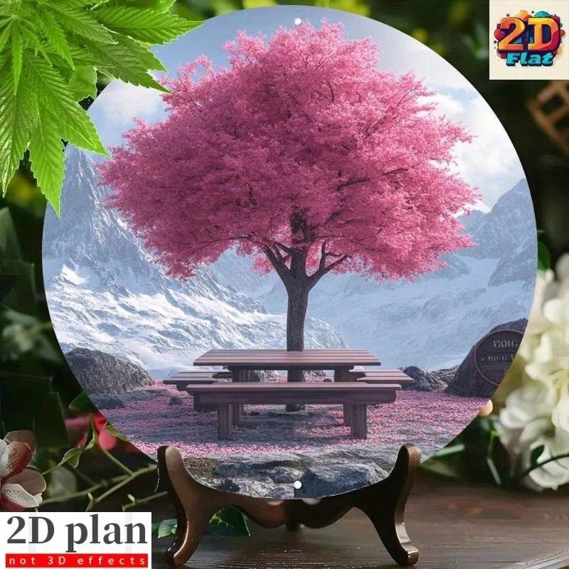 Iron Round Tin Sign Mountain Snow Trees, Metal Poster Wall Decor for Living Room