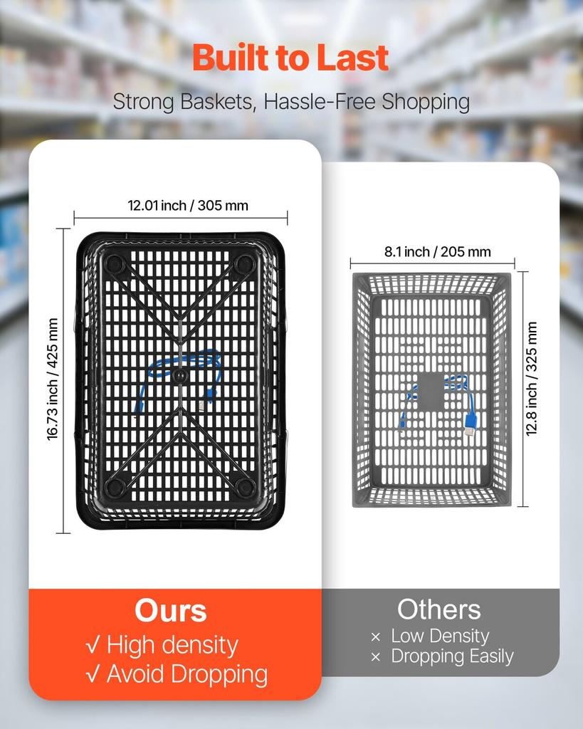 Shopping Baskets, 12 PCS, 21L Stackable PE Plastic Grocery Baskets with Handles, Dense Mesh Structure, Holds up to 9.07kg, Portable for Grocery,