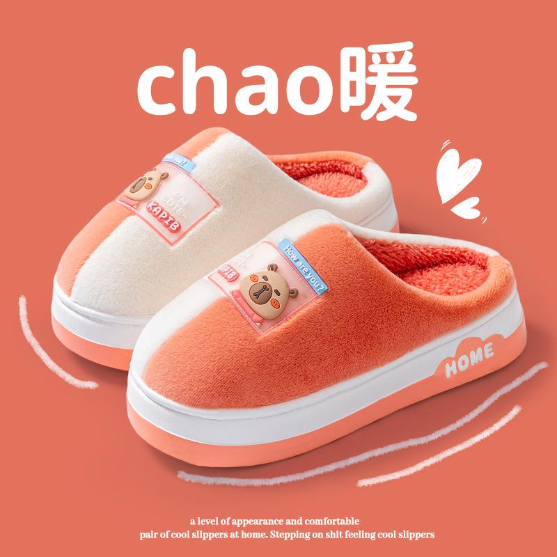 Cotton slippers two-color bottom cartoon autumn and winter home dormitory warm thick bottom velvet couple outer hair slippers