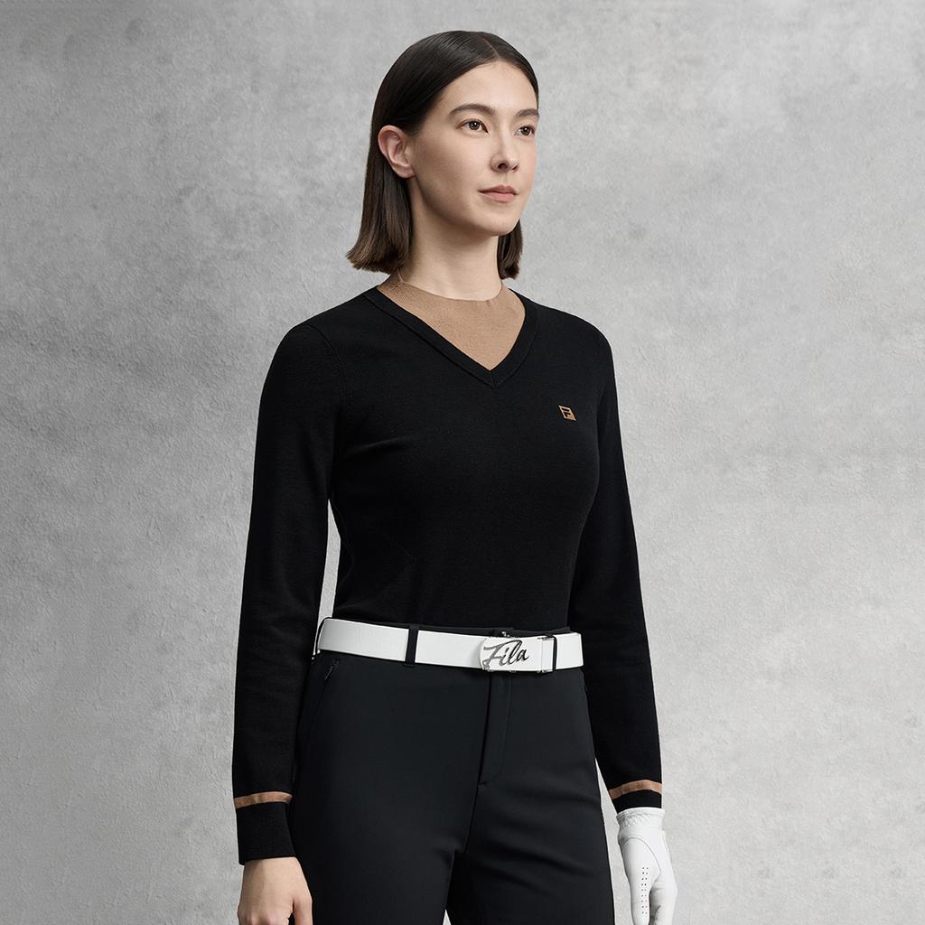 FILA Golf Series Fashion Simple Personality Casual Sports Pullover Long Sleeve Knitted Sweater Women sweater Deep-Black A11W545412FBK
