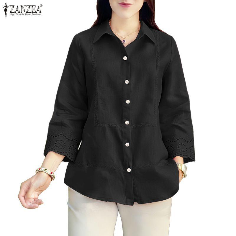 ZANZEA Women Casual Turn Down Collar Loose 3/4 Sleeve Splice Blouse