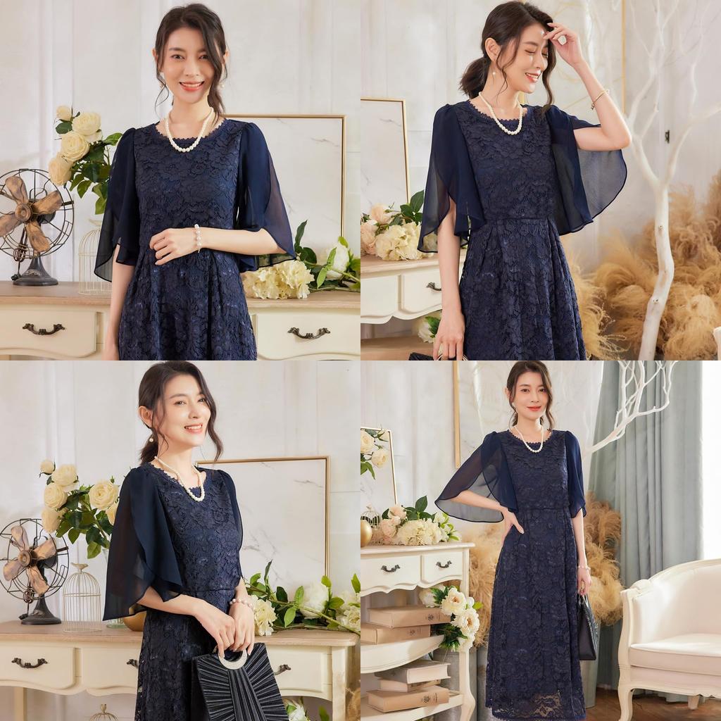 DEEPEYES Lace Formal Short Party Perfect for and Special Plus Size Midi-Length Dress, Sleeves, Dress, Weddings, Receptions, Occasions, (L, Navy)