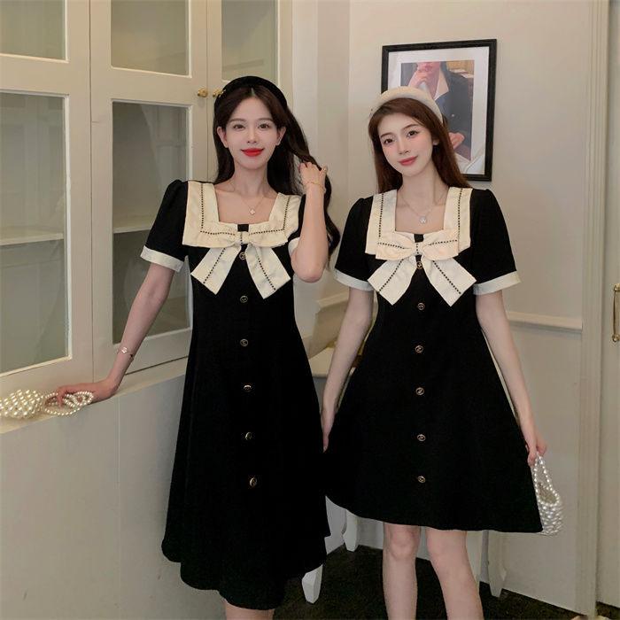 Retro Hepburn Style Square Neck Bow Dress Women's Summer New Temperament High-end Skirt
