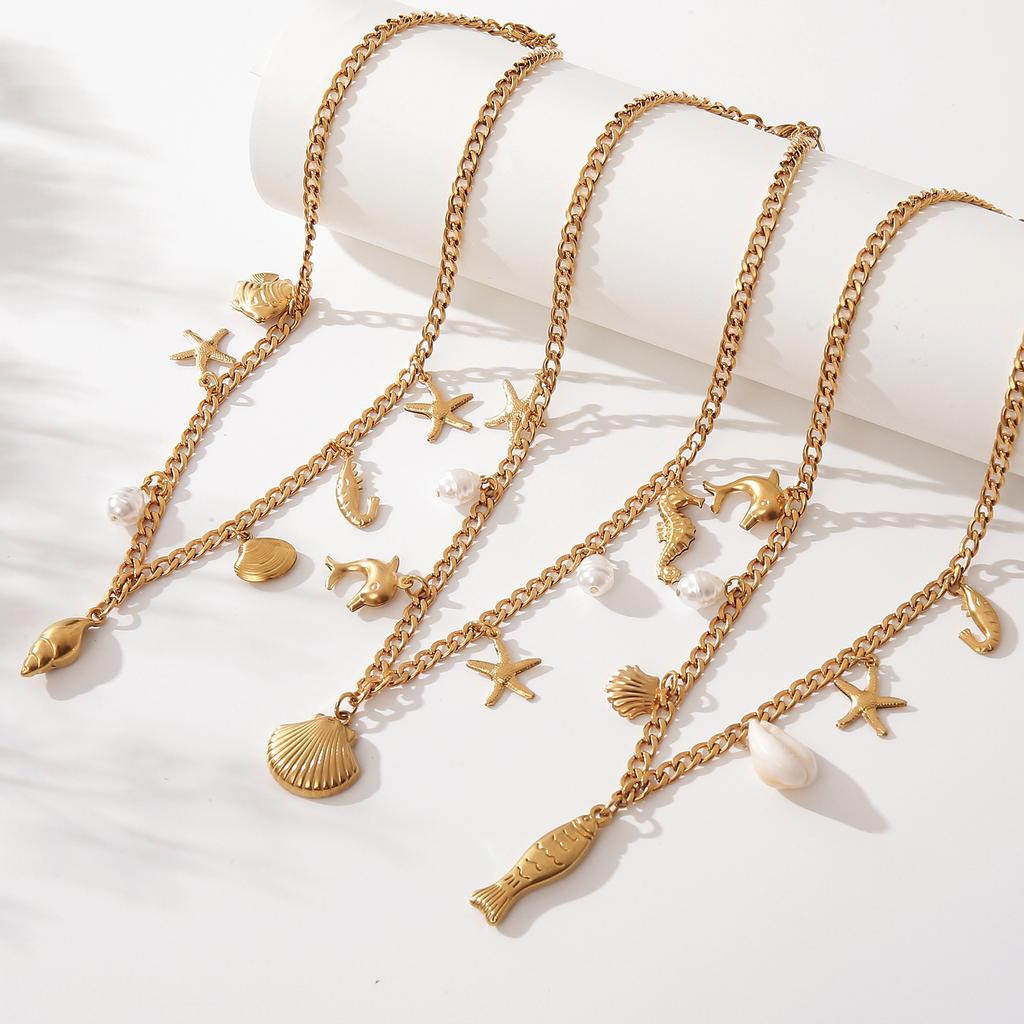 Titanium Steel Necklace - Summer Fashionable Sea Star and Sea Shell Beach Style Ocean Collar Chain