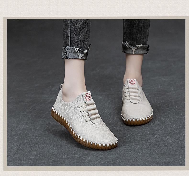 Top layer cowhide sewn bag shoes, soft soled soft top casual shoes for women, easy to wear on one foot, retro mom single shoes