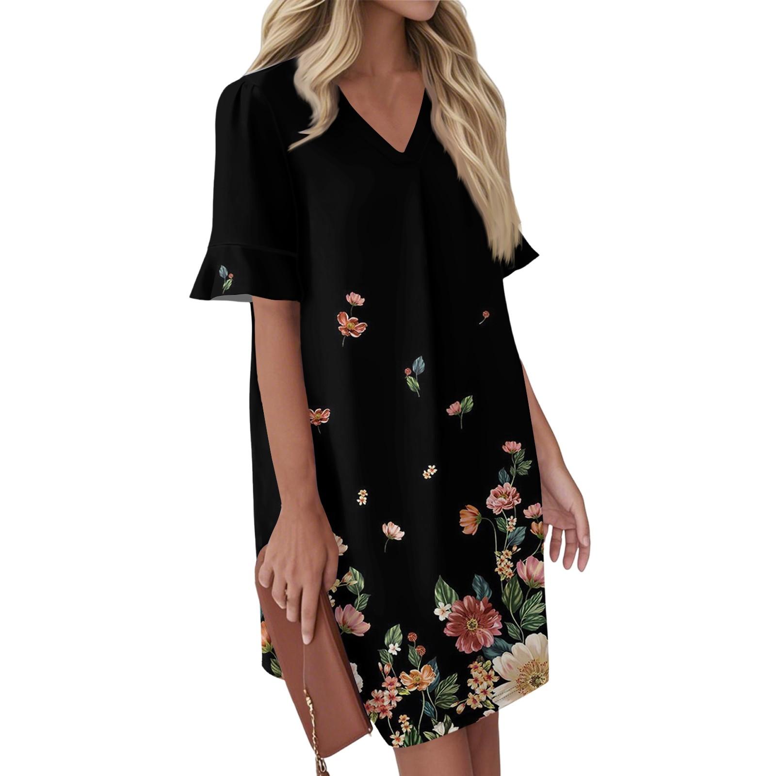 

Женское летнее винтажное платье с цветочным принтом, плиссированное, с коротким рукавом, V-образным вырезом, карманом-завязкой, повседневное платье M киноварь