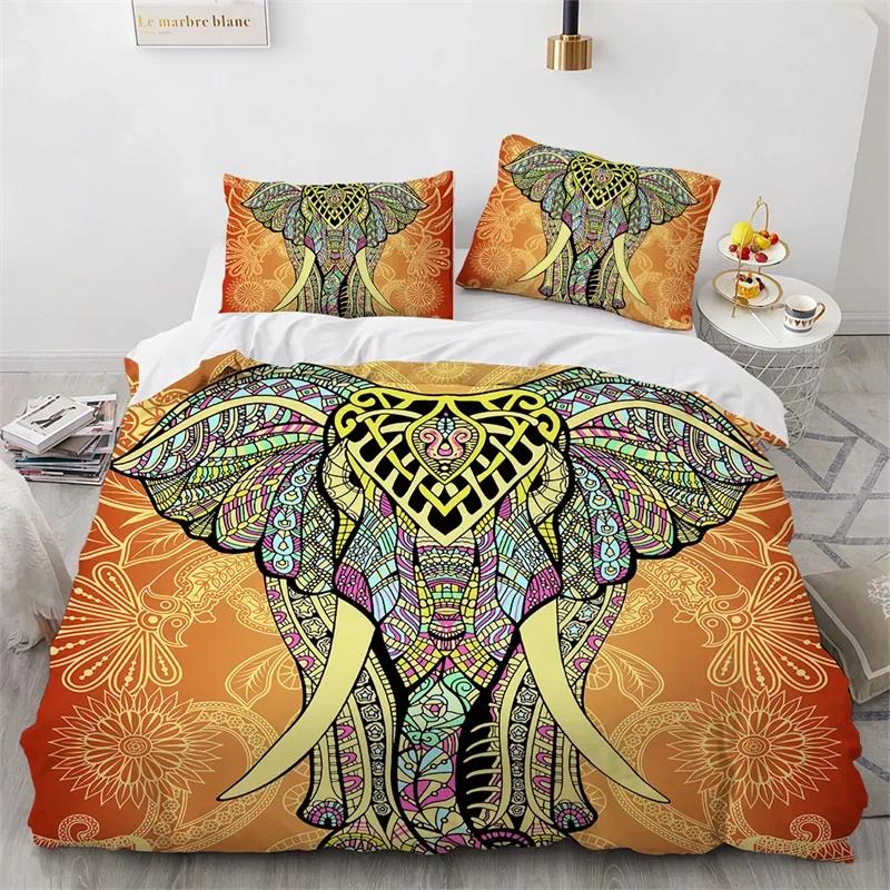 Elephant Duvet Cover King Queen Size Wild Animal Comforter Cover Polyester Bohemian Mandala African Safari Animals Bedding Set