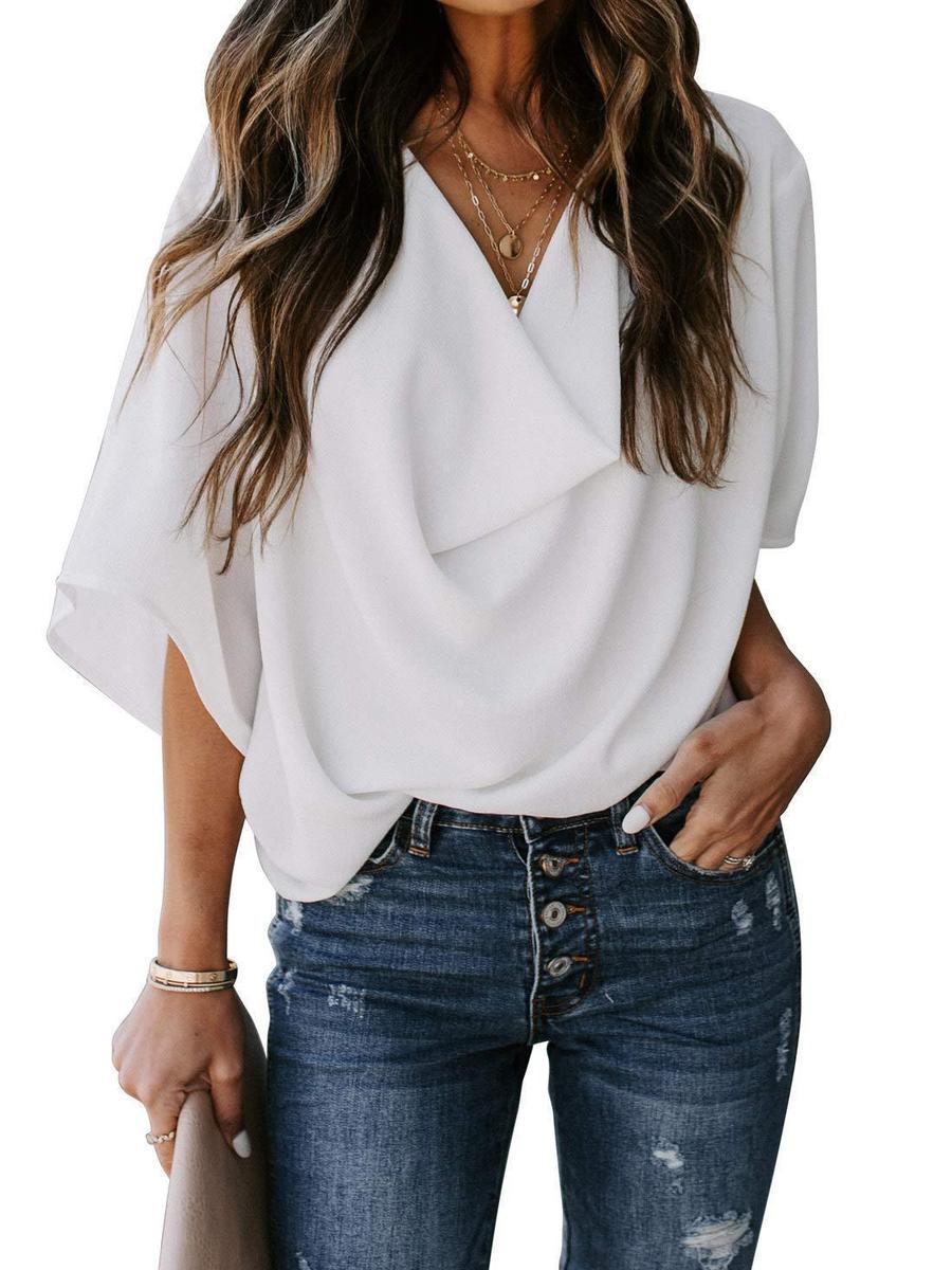 New Style Chiffon Blouse Loose V-Neck Casual Top Women s T-Shirt S белый