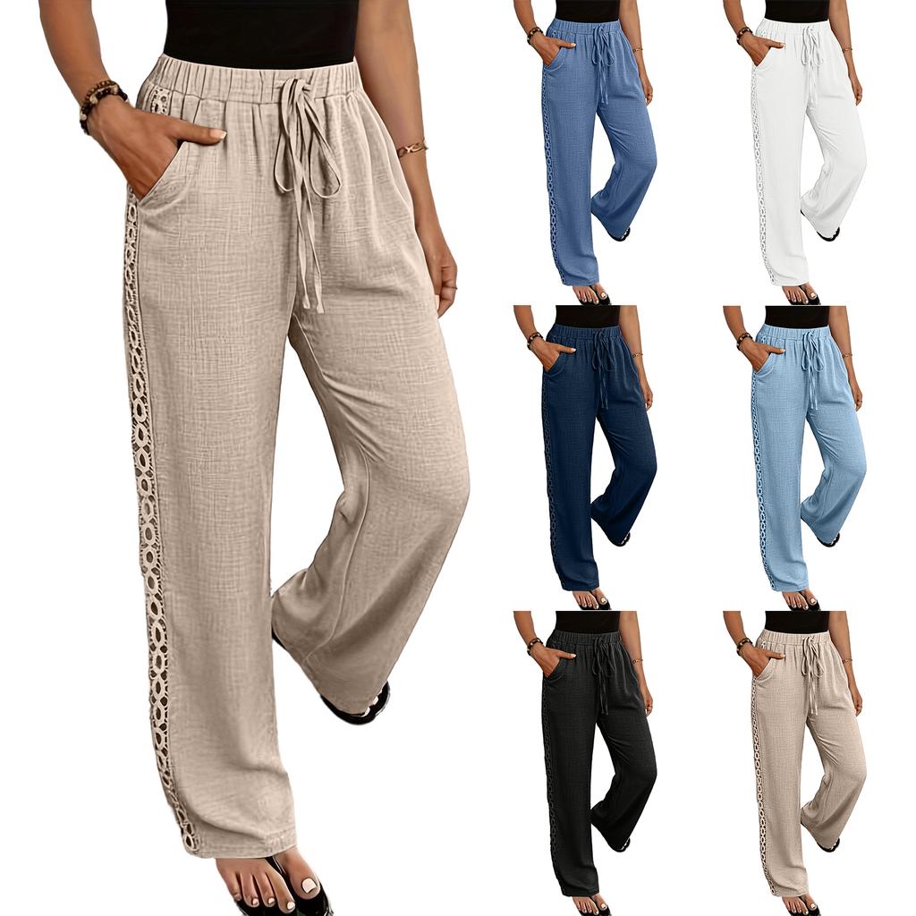 Ladies' Color Fashionable And Elegant Side Lace Slanted Pocket Casual Pants Long Pants
