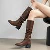 Cowhide Version Retro Platform Boots Women's Two Wear Belt Buckle Pile Boots Thick Heel Versatile Tall Western Cowboy Boots