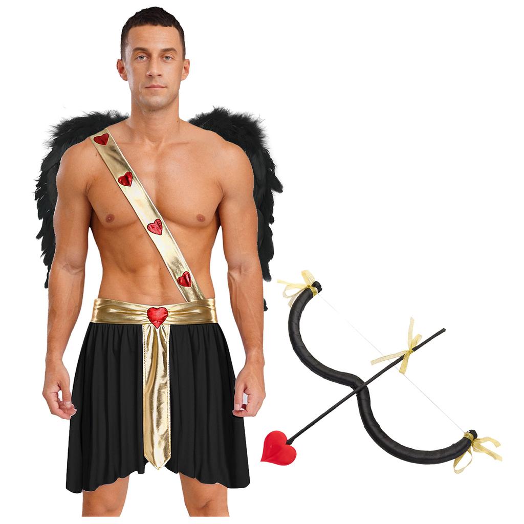 Mens Cupid Costume Set Contrast Color Heart Pattern Skirt Detachable Sleeves Wings Bow Arrow