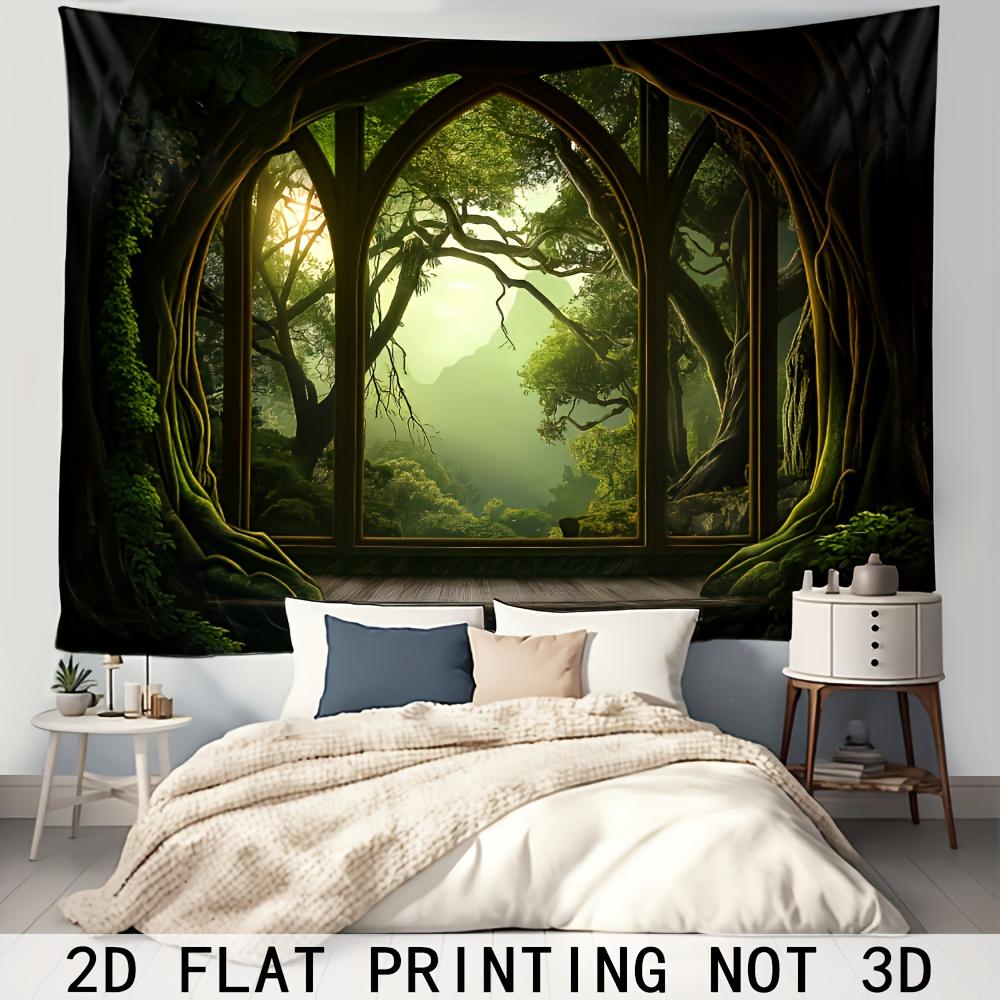 VIKAMA Forest Tree Window Secret Tapestry Hobbit Style Fake Window Wall Hanging for Bedroom Living Room Homestay Deco 74x94cm(29x37in)