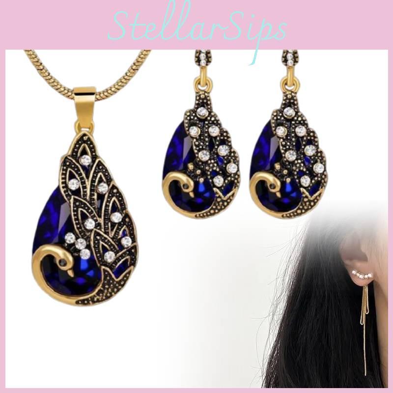 Exquisite European Vintage Peacock Jewelry Set Stunning Gemstone Necklace And Earrings