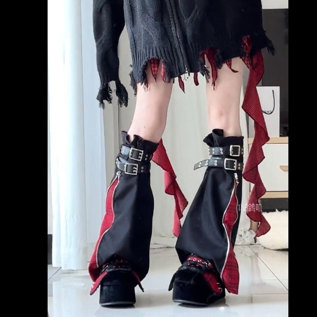 Nouvelle tendance de couvre-jambes, sous-culture originale, style punk gothique, cool et épicé, à carreaux rouges délavés, double fermeture éclair, couvre-jambes réglable