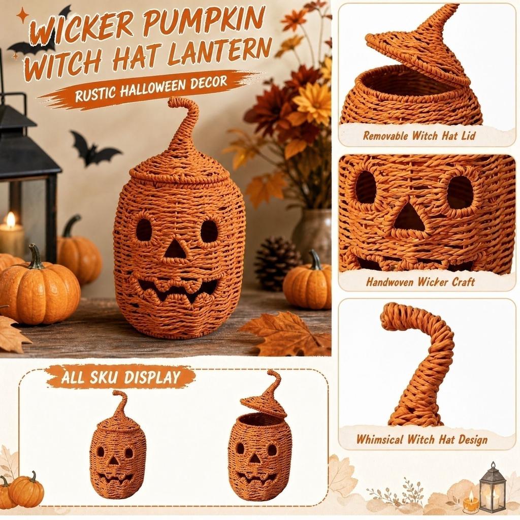 Handgeflochtene Weidenkürbis mit abnehmbarem Hexenhutdeckel - Rustikale Herbst-Tischdekoration für Halloween