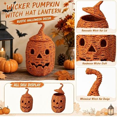 Handgeflochtene Weidenkürbis mit abnehmbarem Hexenhutdeckel - Rustikale Herbst-Tischdekoration für Halloween