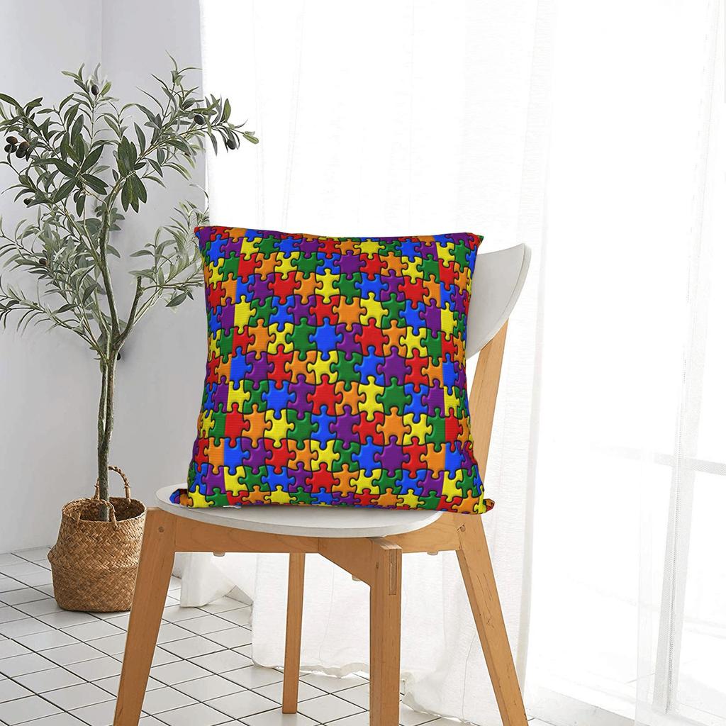 Pillow Cover Purple Orange Gradient Autism Awareness Puzzle Novelty Pillow Case For Sofa Car Home Decor Pillowcases