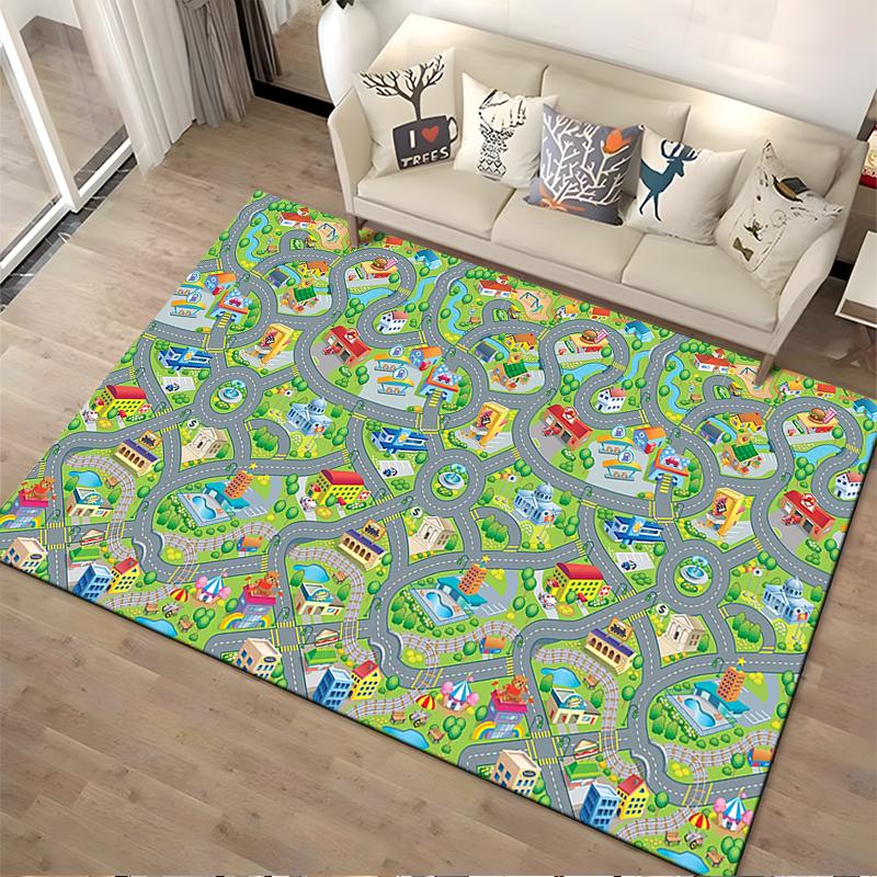 Colorful Cartoon City Map for Kids' Playrooms. Non-slip rug suitable for living room and bedroom sofas.