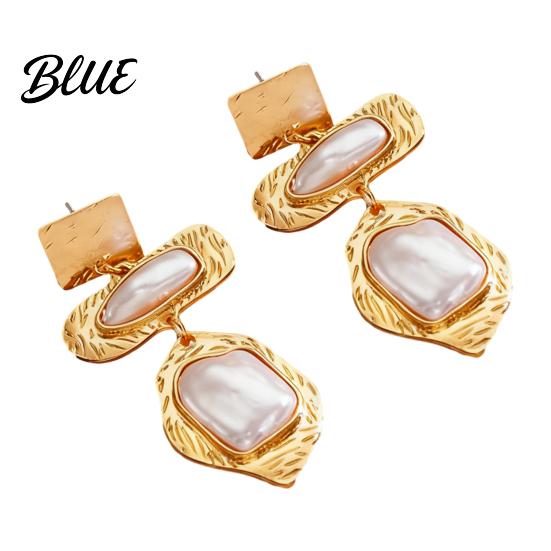 Faux Pearl Earrings Jewelry Set Metallic Texture Double-Layered Necklace
