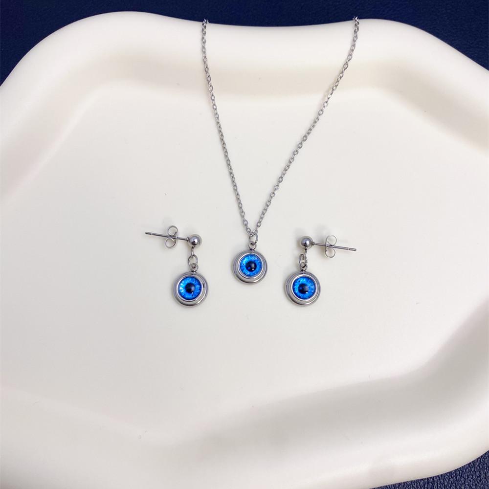 Titanium Steel Blue Evil Eye Pendant Necklace with 18K Gold and Retro Style Earrings