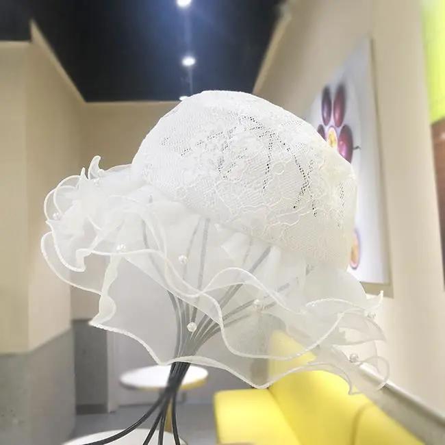 WTEMPO Solid Color Elegant Lace Patchwork Bucket Hats Large Brim Summer Mesh Gauze Wavy Flat-top Pearls Sun Hats