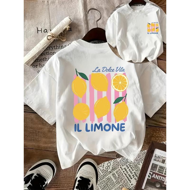 Kids Summer Crew Neck Short Sleeve T-Shirt Double Sided Print Lemon Stripe Graphic 110 белый
